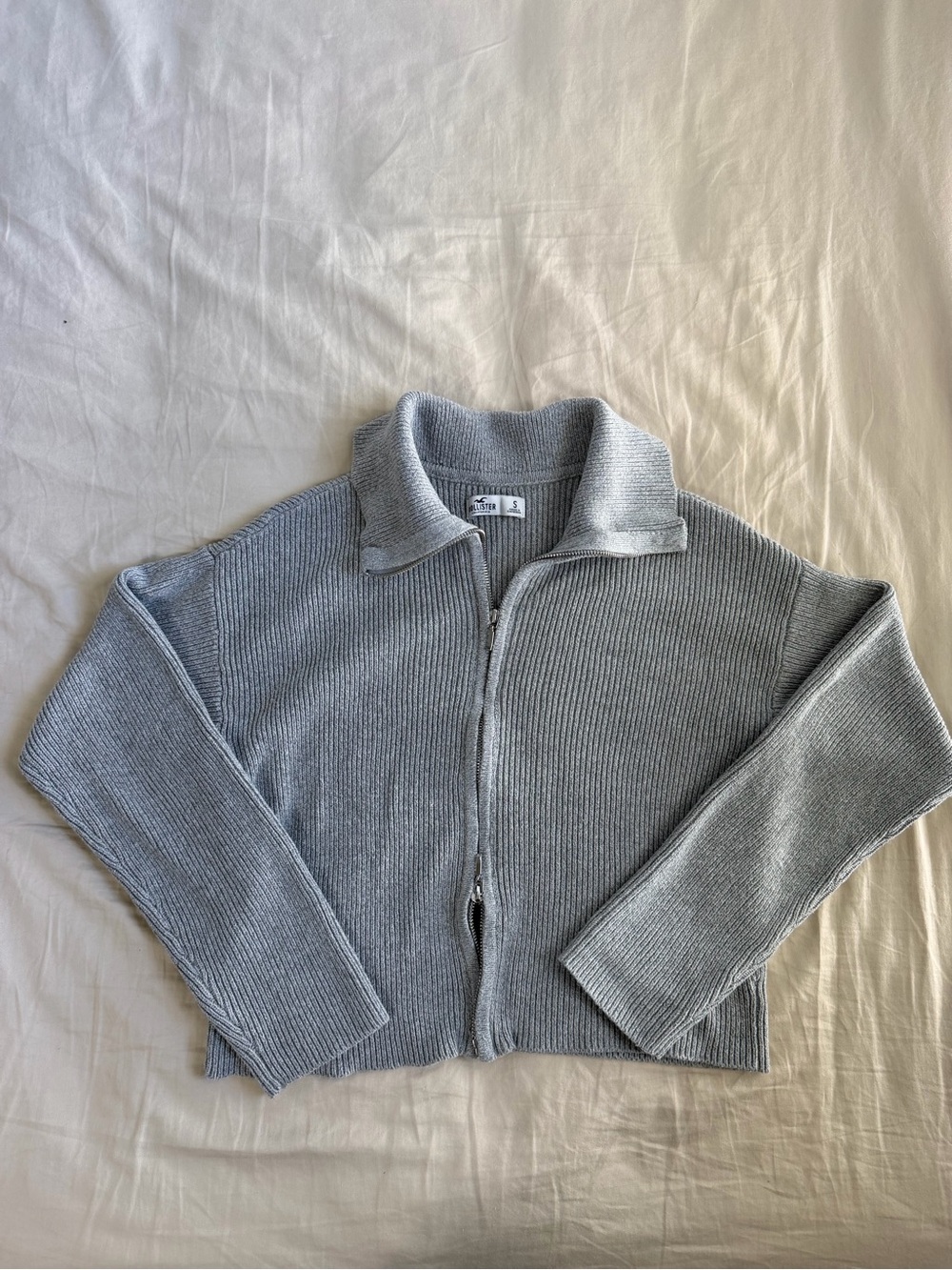 Light Gray Ribbed Double Zip-Up Knit Sweater